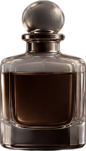 A heavy eau de parfum flacon with a spherical stopper, filled with deep amber
